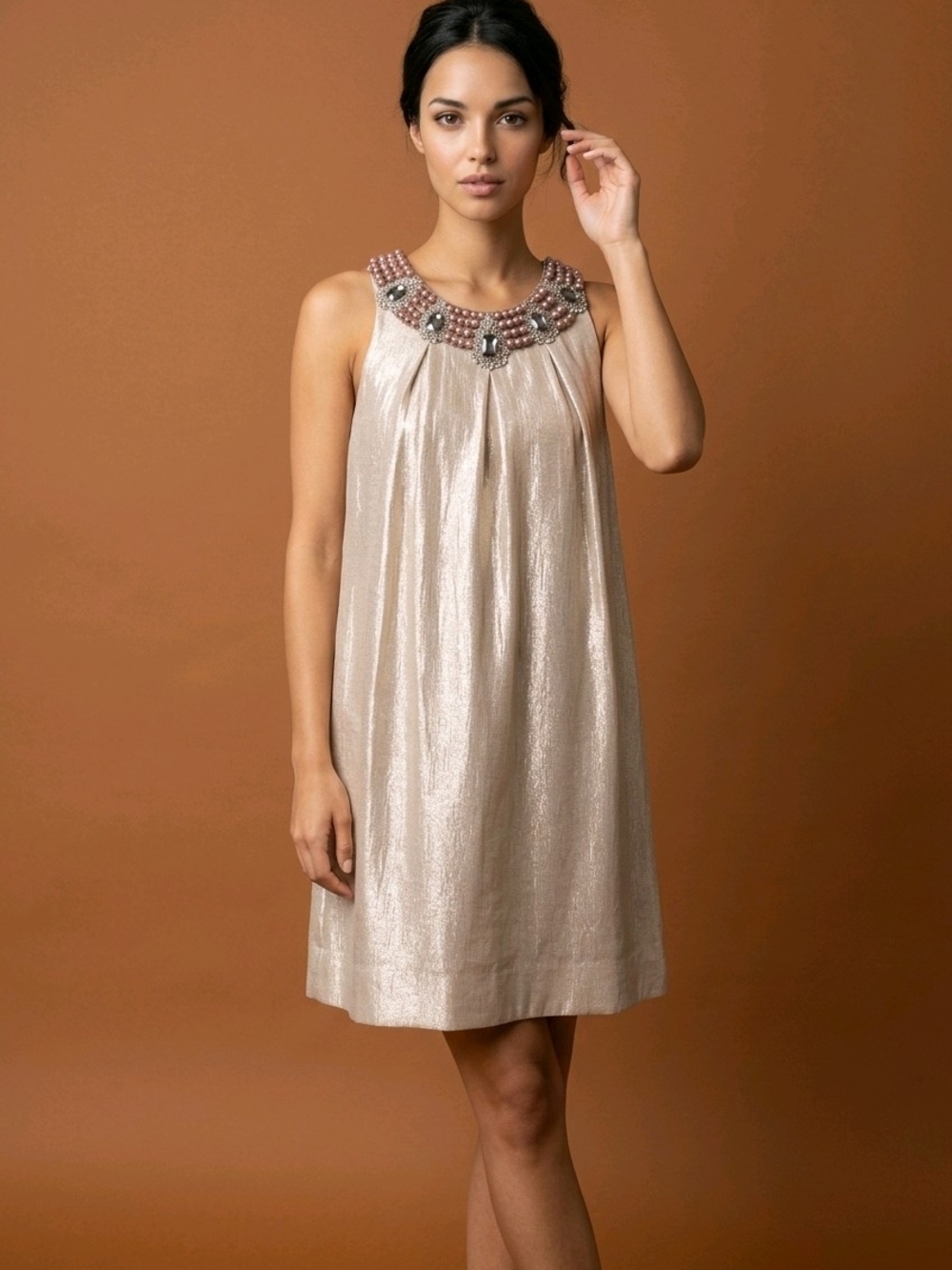 Alexia Admor Beaded Neckline Dress - Champagne Gold Tint